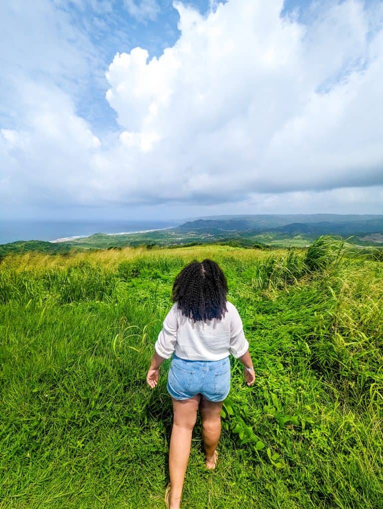 A woman walking on a grassy hill overlooking the ocean.