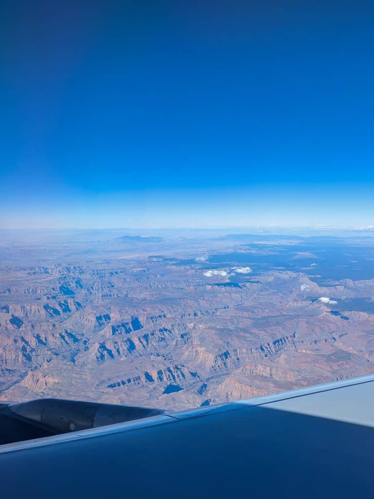 A view of the mountains from an airplane.