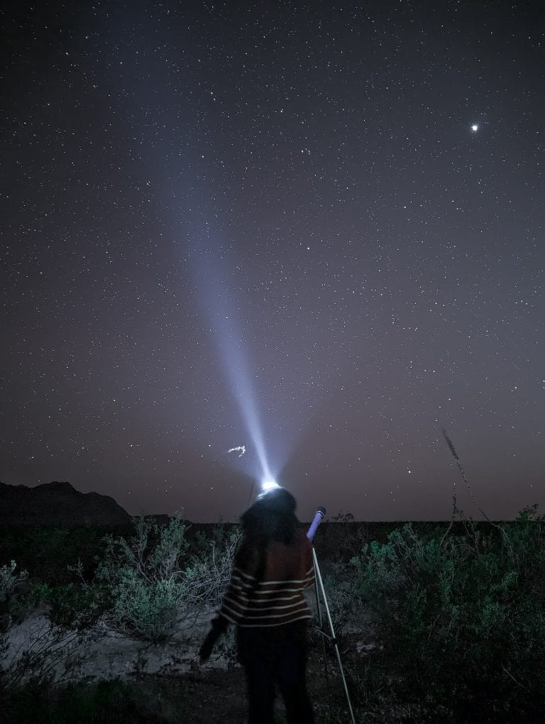 A person with a flashlight looking at the stars in the night sky.