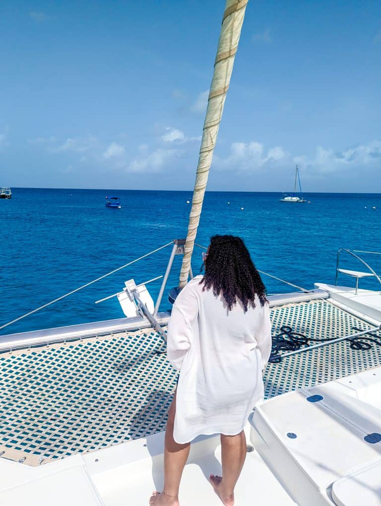 A woman is standing on the deck of a catamaran.