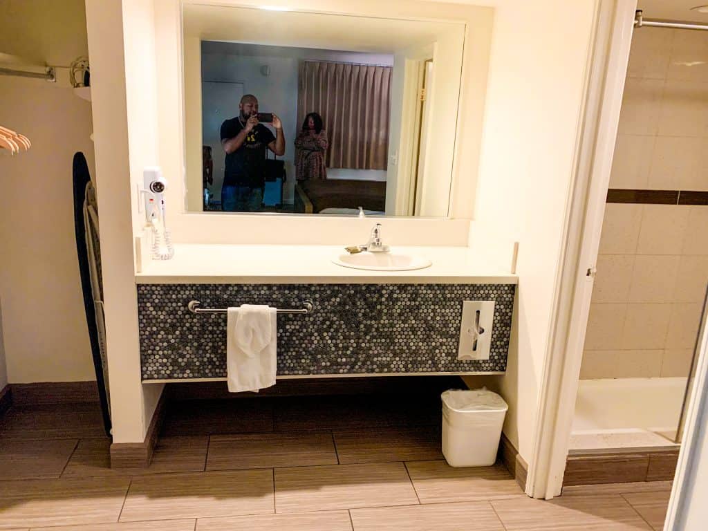 A mirror in a bathroom in Las Vegas.
