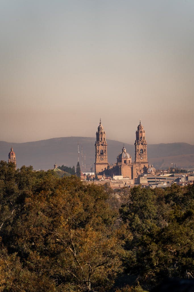 Morelia Cathedral Towering above Tree Line