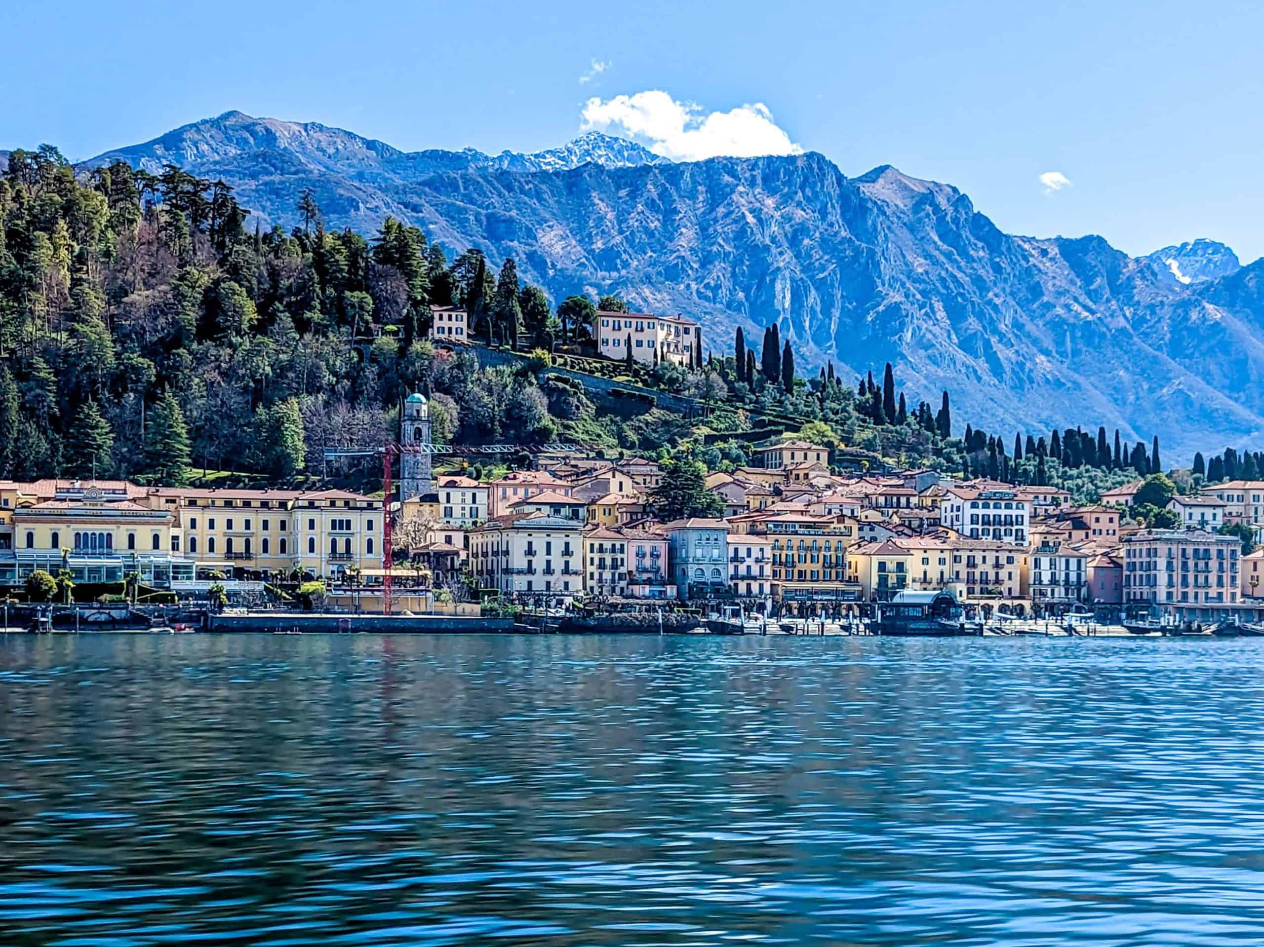 A view of a lake with mountains in the background.