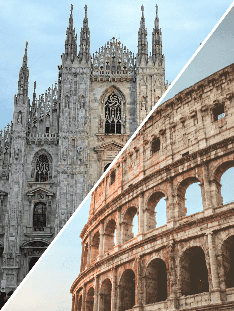 Split image of a Gothic cathedral and the Roman Colosseum, capturing the architectural rivalry of Milan vs Rome against a clear sky.
