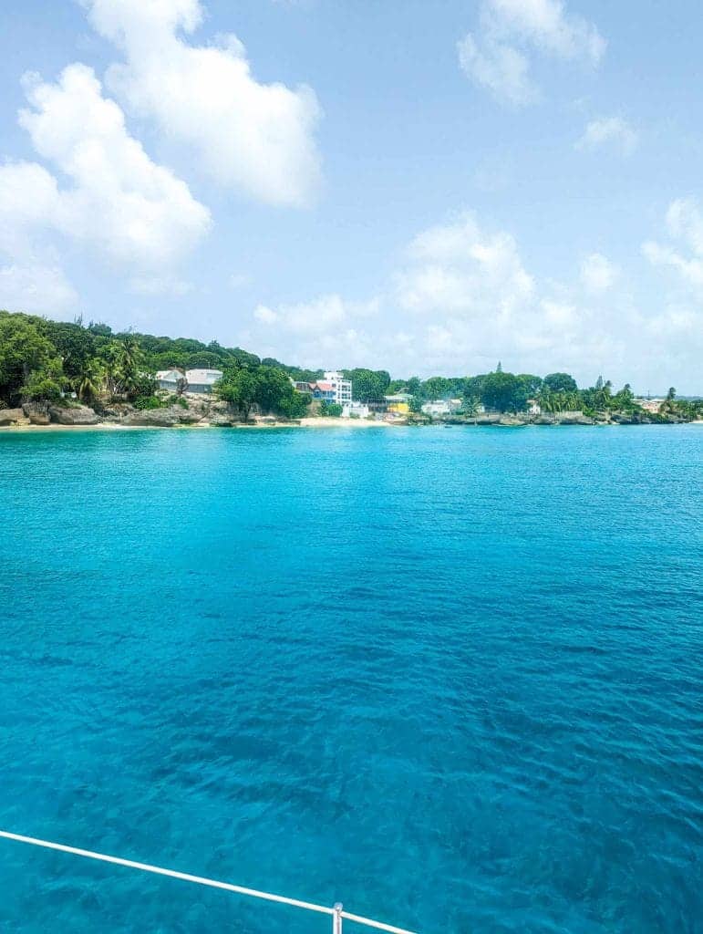 A scenic view of a calm, blue ocean with a clear sky, lush greenery, and buildings along the coastline.