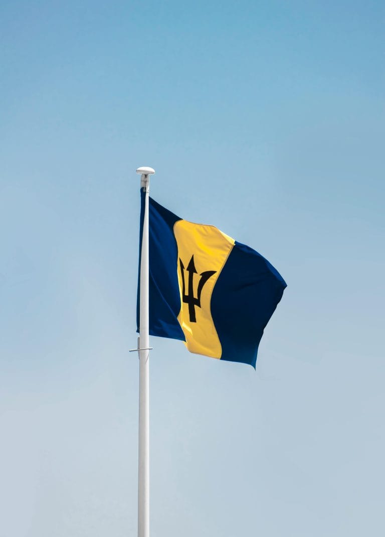 The flag of Barbados, featuring blue and yellow vertical stripes with a black trident in the center, waving on a flagpole against a clear sky.