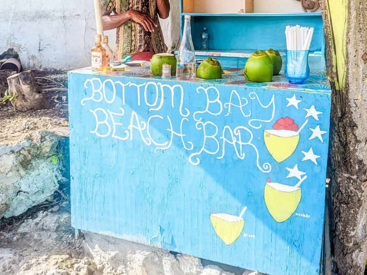 A person stands at a small, blue, outdoor bar with a red umbrella. The bar has coconuts and drinks on display. "Bottom Bay Beach Bar" is painted on the front.